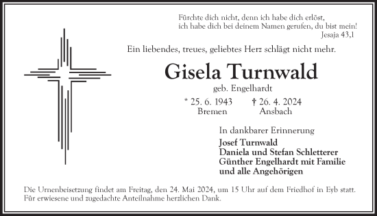 Traueranzeige von Gisela Turnwald von Ansbach