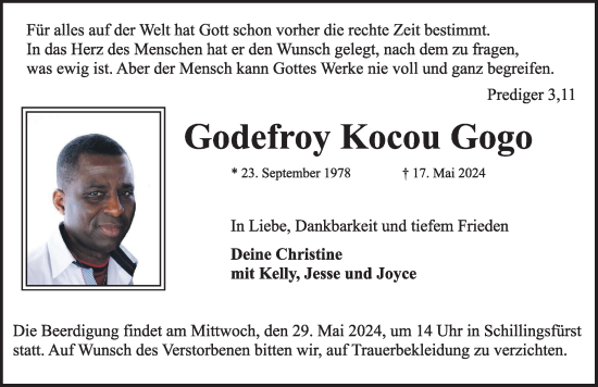 Traueranzeige von Godefroy  Kocou Gogo von Dinkelsbühl/ Feuchtwangen