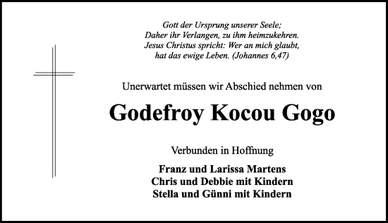 Traueranzeige von Godefroy  Kocou Gogo von Dinkelsbühl/ Feuchtwangen