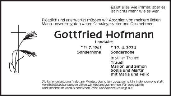 Traueranzeige von Gottfried Hofmann von Ansbach