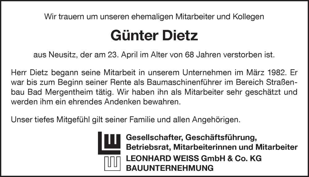  Traueranzeige für Günter Dietz vom 27.05.2024 aus GE