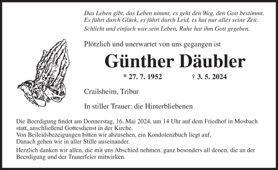 Traueranzeige von Günther Däubler von Dinkelsbühl/ Feuchtwangen