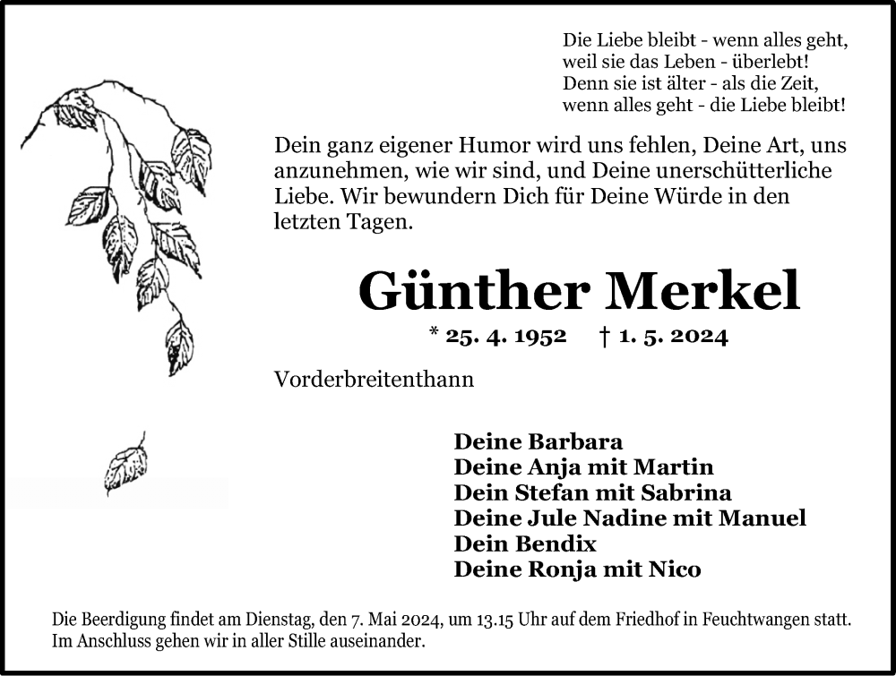  Traueranzeige für Günther Merkel vom 04.05.2024 aus Dinkelsbühl/ Feuchtwangen