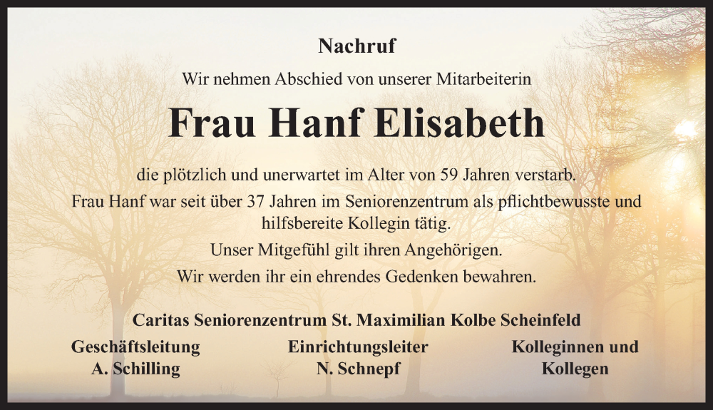  Traueranzeige für Hanf Elisabeth vom 08.05.2024 aus Neustadt/ Scheinfeld/ Uffenheim