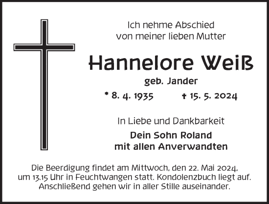 Traueranzeige von Hannelore Weiß von Dinkelsbühl/ Feuchtwangen