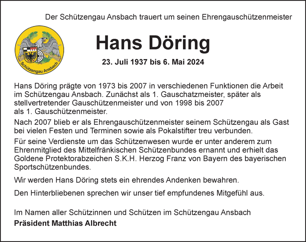  Traueranzeige für Hans Döring vom 10.05.2024 aus GE