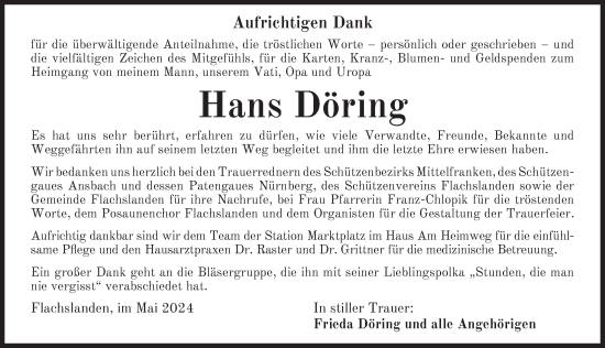 Traueranzeige von Hans Döring von Ansbach