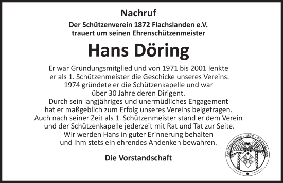 Traueranzeige von Hans Döring von Ansbach