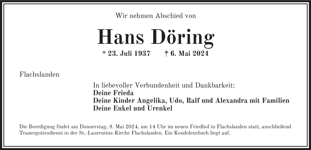  Traueranzeige für Hans Döring vom 08.05.2024 aus Ansbach