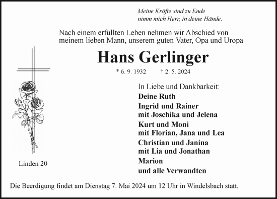 Traueranzeige von Hans Gerlinger von Rothenburg