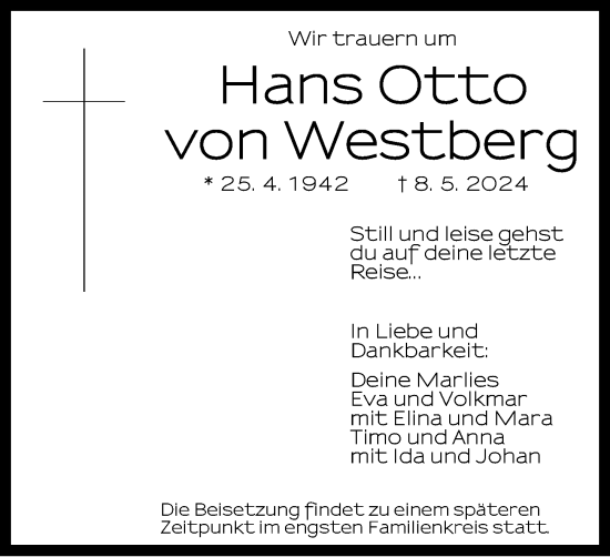 Traueranzeige von Hans Otto von Westberg von Neustadt/ Scheinfeld/ Uffenheim