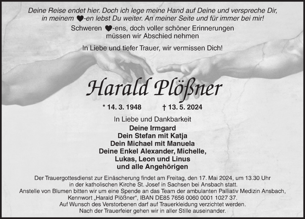  Traueranzeige für Harald Plößner vom 15.05.2024 aus Ansbach