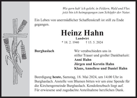 Traueranzeige von Heinz Hahn von Neustadt/ Scheinfeld/ Uffenheim