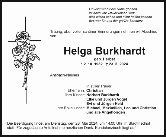 Traueranzeige von Helga Burkhardt von Ansbach