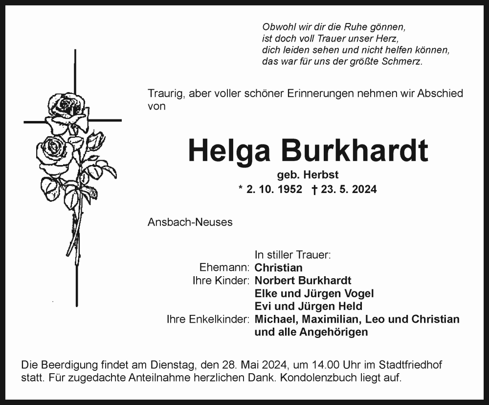  Traueranzeige für Helga Burkhardt vom 25.05.2024 aus Ansbach