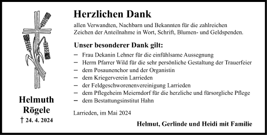 Traueranzeige von Helmuth Rögele von Dinkelsbühl/ Feuchtwangen