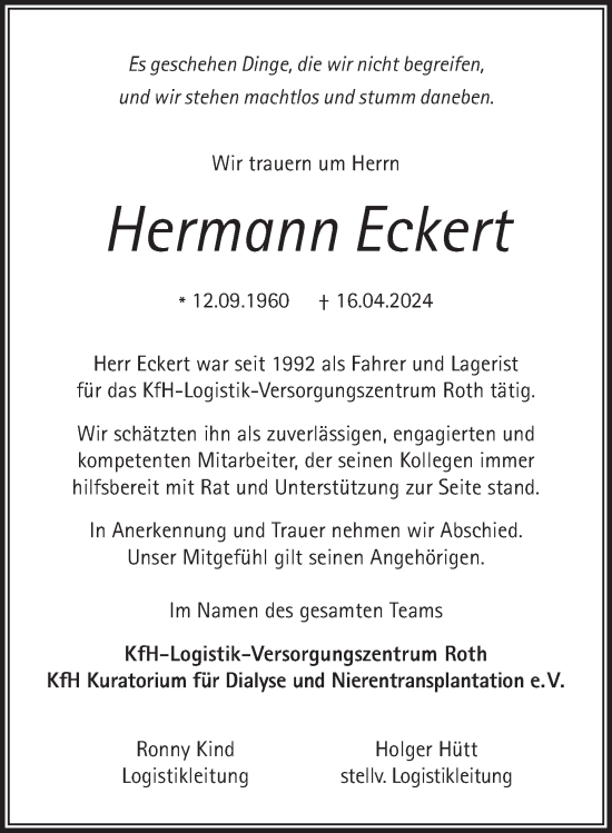 Traueranzeige von Hermann Eckert von Neustadt/ Scheinfeld/ Uffenheim