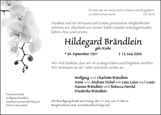 Traueranzeige von Hildegard Brändlein von Neustadt/ Scheinfeld/ Uffenheim