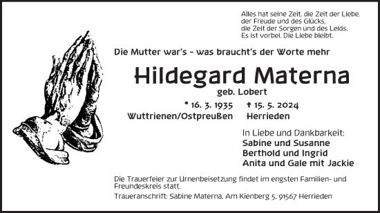 Traueranzeige von Hildegard Materna von Ansbach