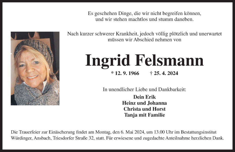  Traueranzeige für Ingrid Felsmann vom 02.05.2024 aus Ansbach