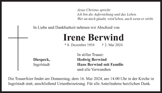 Traueranzeige von Irene Berwind von Neustadt/ Scheinfeld/ Uffenheim