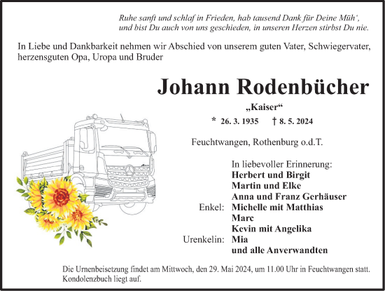 Traueranzeige von Johann Rodenbücher von Dinkelsbühl/ Feuchtwangen