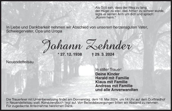 Traueranzeige von Johann Zehnder von Ansbach