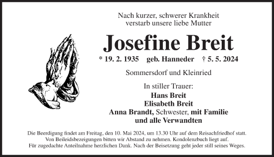 Traueranzeige von Josefine Breit von Ansbach