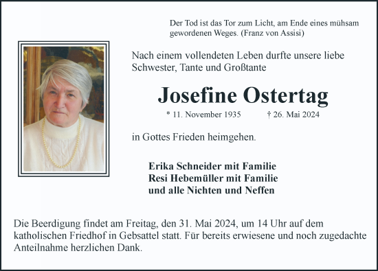 Traueranzeige von Josefine Ostertag von Rothenburg