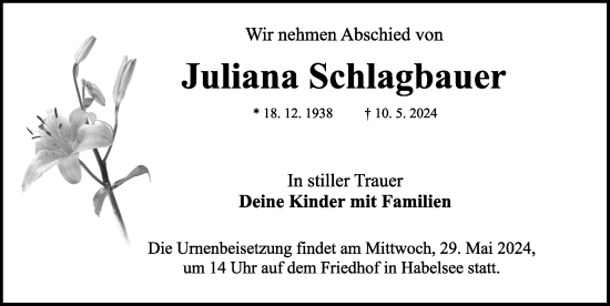 Traueranzeige von Juliana Schlagbauer von Rothenburg