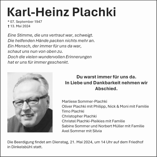 Traueranzeige von Karl-Heinz Plachki von Dinkelsbühl/ Feuchtwangen