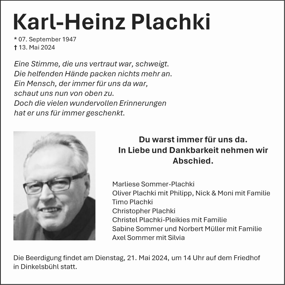  Traueranzeige für Karl-Heinz Plachki vom 17.05.2024 aus Dinkelsbühl/ Feuchtwangen