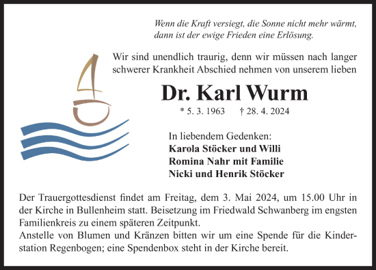 Traueranzeige von Karl Wurm von Neustadt/ Scheinfeld/ Uffenheim