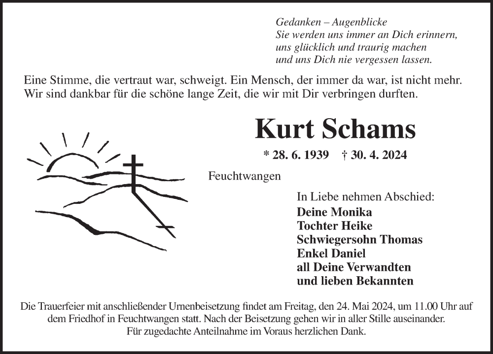  Traueranzeige für Kurt Schams vom 21.05.2024 aus Dinkelsbühl/ Feuchtwangen