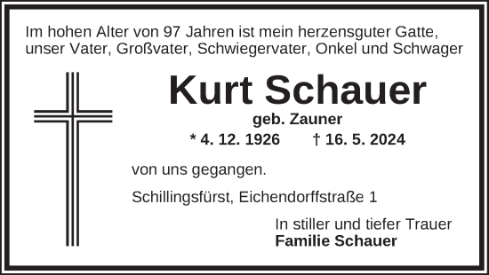 Traueranzeige von Kurt Schauer von GE