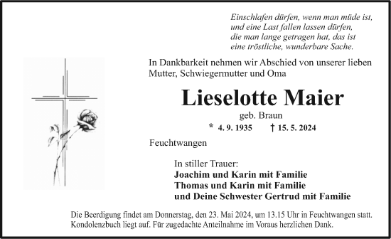 Traueranzeige von Lieselotte Maier von Dinkelsbühl/ Feuchtwangen