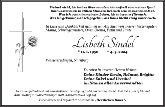 Traueranzeige von Lisbeth Sindel von Dinkelsbühl/ Feuchtwangen