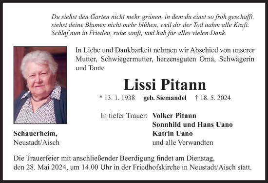 Traueranzeige von Lissi Pitann von Neustadt/ Scheinfeld/ Uffenheim