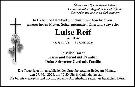 Traueranzeige von Luise Reif von Rothenburg