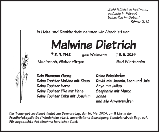Traueranzeige von Malwine Dietrich von Neustadt/ Scheinfeld/ Uffenheim