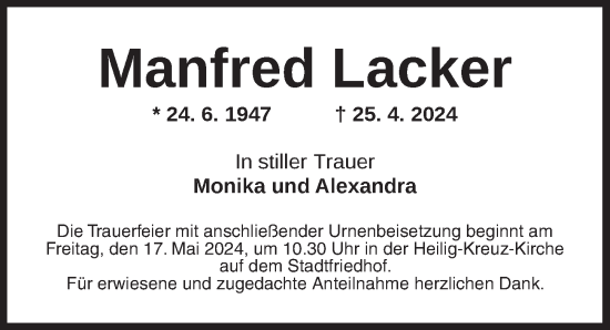 Traueranzeige von Manfred Lacker von Ansbach
