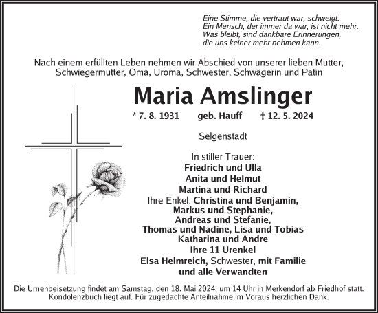 Traueranzeige von Maria Amslinger von Ansbach