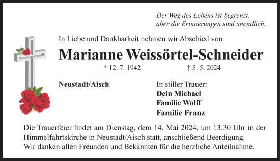 Traueranzeige von Marianne Weissörtel-Schneider von Neustadt/ Scheinfeld/ Uffenheim