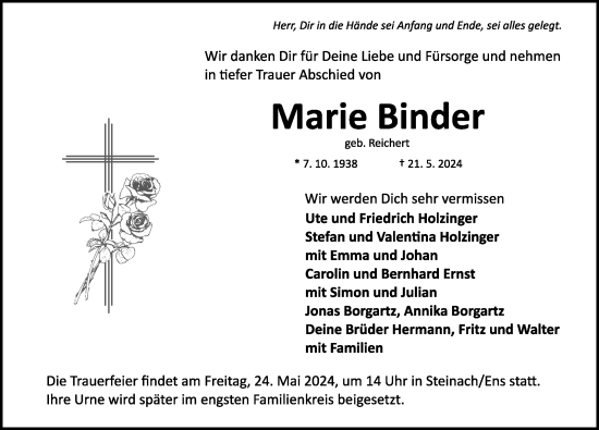Traueranzeige von Marie Binder von Neustadt/ Scheinfeld/ Uffenheim