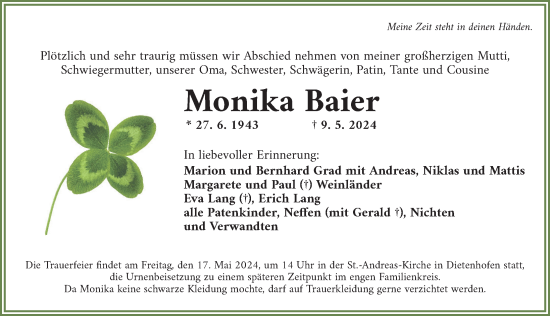 Traueranzeige von Monika Baier von Ansbach