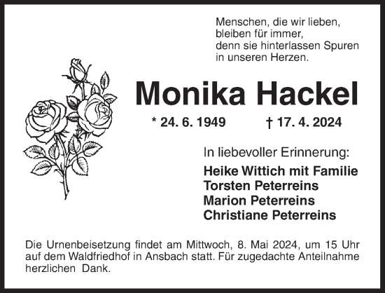 Traueranzeige von Monika Hackel von Ansbach