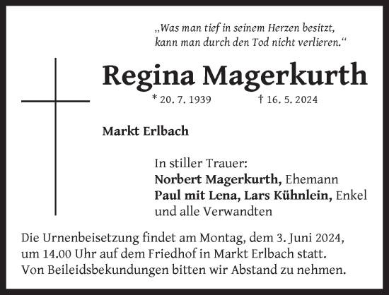 Traueranzeige von Regina Magerkurth von Neustadt/ Scheinfeld/ Uffenheim