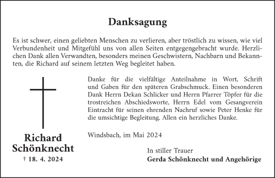 Traueranzeige von Richard Schönknecht von Ansbach