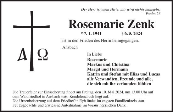Traueranzeige von Rosemarie Zenk von Ansbach