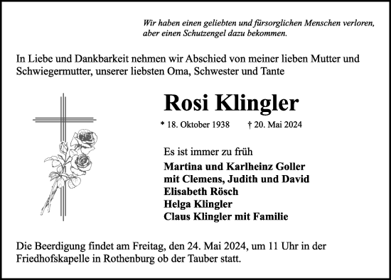 Traueranzeige von Rosi Klingler von Rothenburg